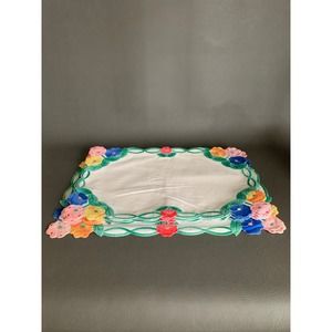 Vintage Handmade Placemats Embroidered Floral Design White Cotton Set of 9
